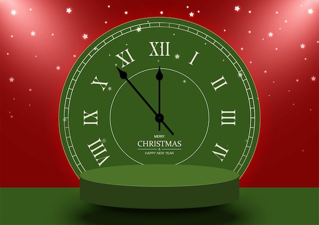 Scena di Natale di Capodanno con podio e orologio per la visualizzazione del prodotto.