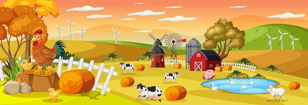 Scena di paesaggio orizzontale della fattoria con animali da fattoria