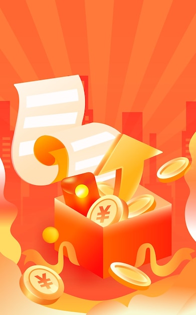 Scena di pianificazione finanziaria, lo sfondo è una confezione regalo con molte monete d'oro e vari coupon
