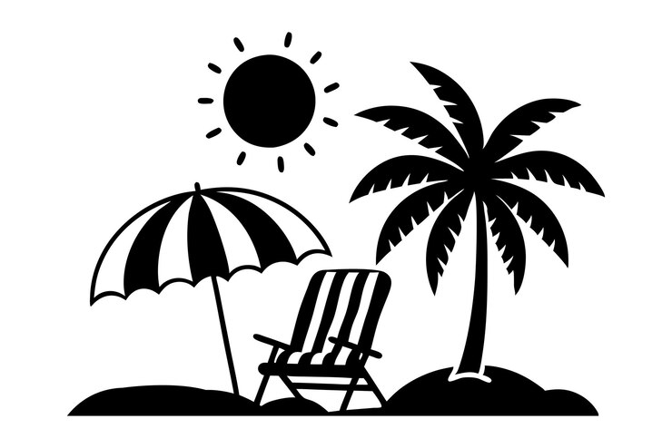 Scena di spiaggia con il sole e l'albero di palma Illustrazione artistica vettoriale per il design estivo
