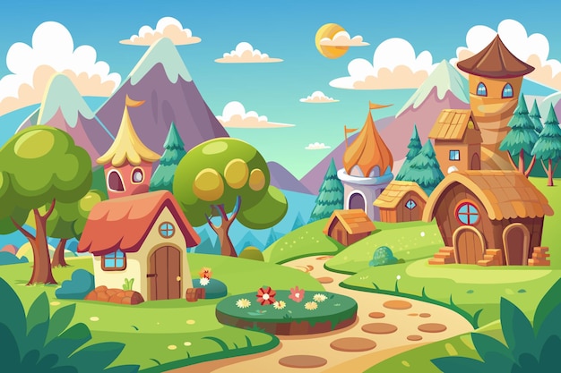 scena di un villaggio di cartoni animati con case e alberi