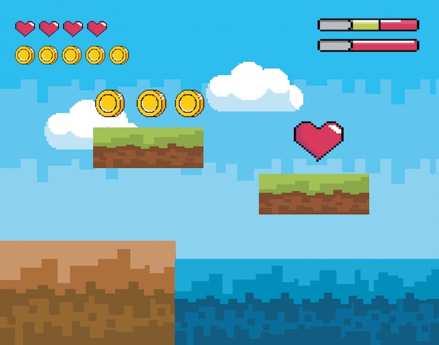 scena di videogiochi pixelated con monete e cuore