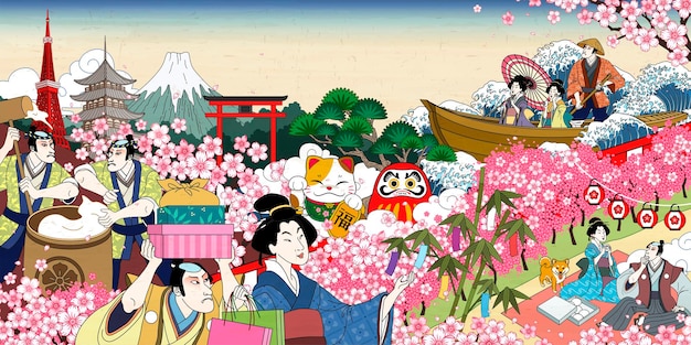 Scena di visualizzazione di fiori allegri del Giappone tradizionale in stile ukiyo-e