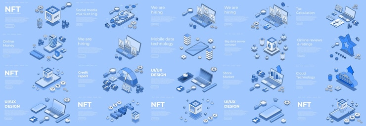 Vettore scena isometrica diversa dispositivo digitale 3d rapporto di credito nft tecnologia cloud online banking dati mobili recensione online ui ux dedign stiamo assumendo concetto di illustrazione vettoriale