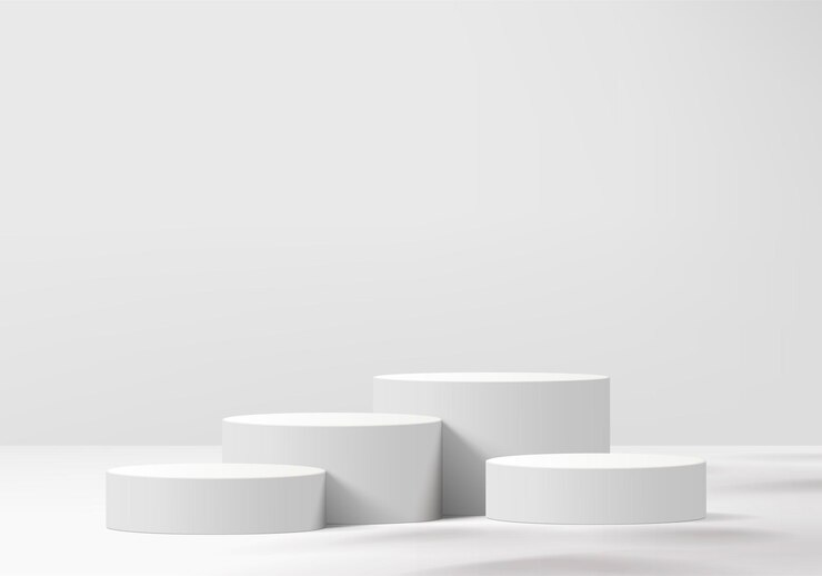 Scena minimale astratta del cilindro con piattaforma geometrica. Rendering di sfondo estivo con podio. stand per mostrare prodotti cosmetici. Vetrina del palco su piedistallo moderno studio bianco