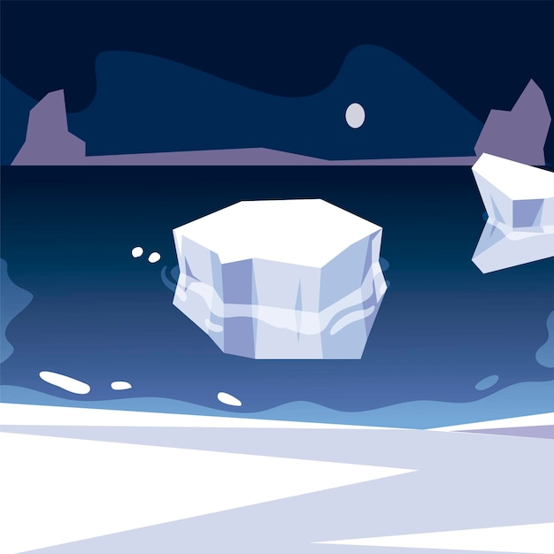 Scena notturna del mare di fusione del polo nord dell'iceberg