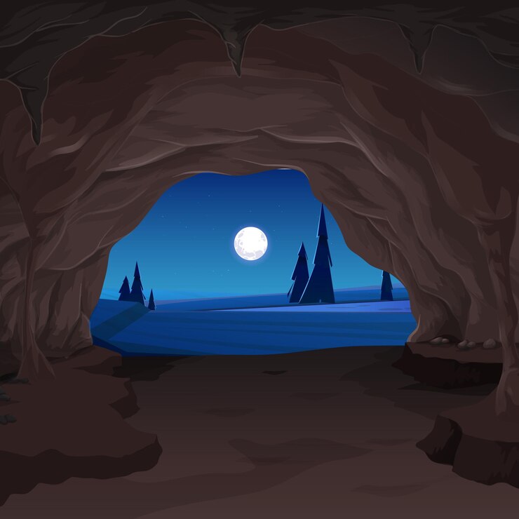 Vettore scena notturna di una grotta di cartoni animati vettoriali