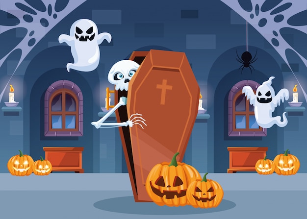 Scena oscura di Halloween con scheletro nella bara