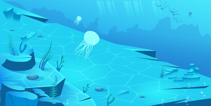 Vettore scena sottomarina con meduse e rocce in toni blu illustrazione vettoriale