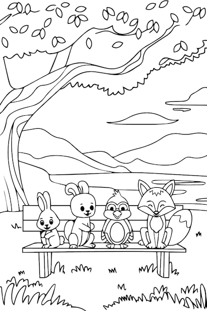 Scena stravagante dell'albero con gli animali sulla panchina