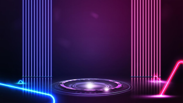 Scena viola con lampade al neon linea su sfondo podio digitale rosa con ologramma di anelli digitali in scena con triangoli neon blu e rosa intorno