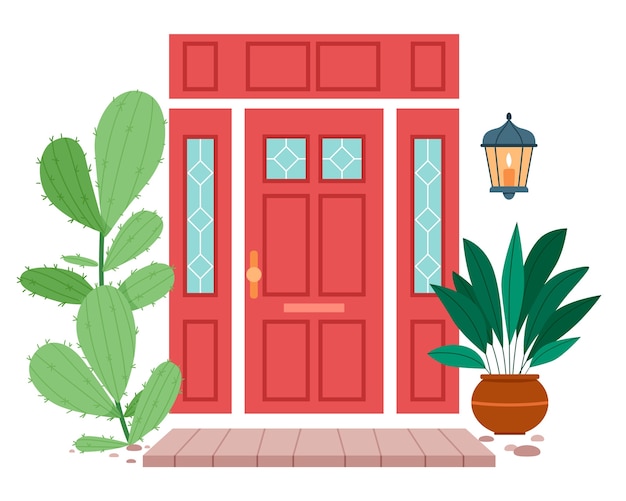 Scenario di composizione della porta a disegno piatto con stile elegante
