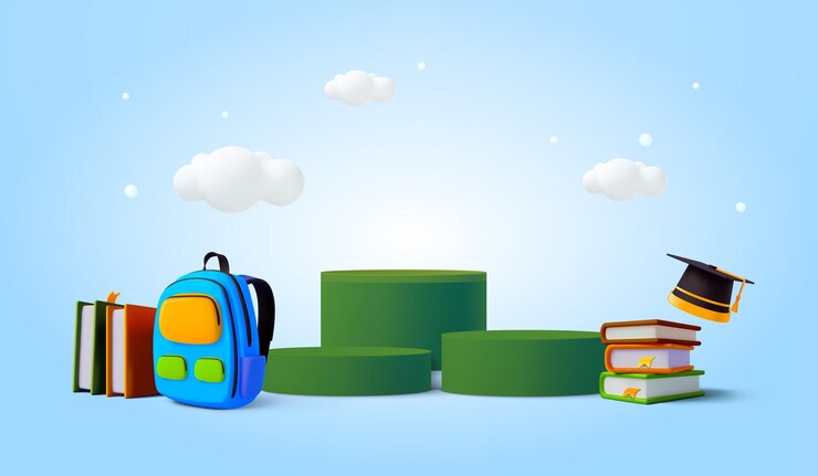 Scene D con libri a zaino cappello di laurea o cappello nuvola isolata sullo sfondo