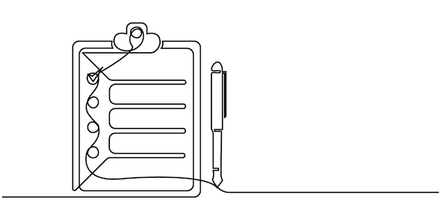 Scheda con lista di controllo e penna in un disegno a linea continua Lista di attività con segnalibri e concetto