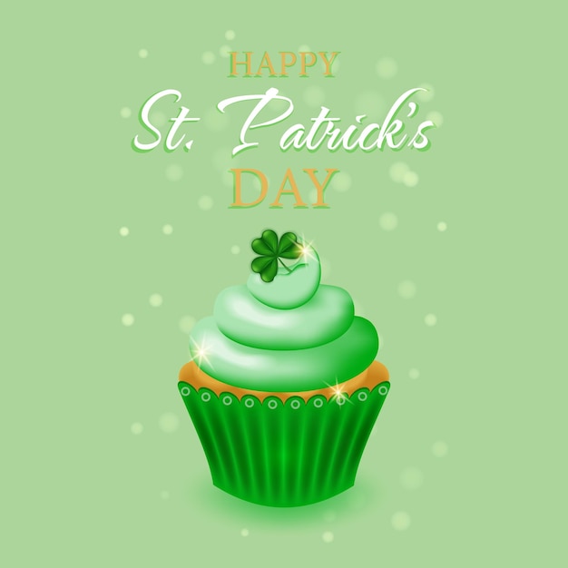 Scheda con un cupcake per il giorno di San Patrizio. Priorità bassa di giorno di St.Patricks con dessert festivo dolce.