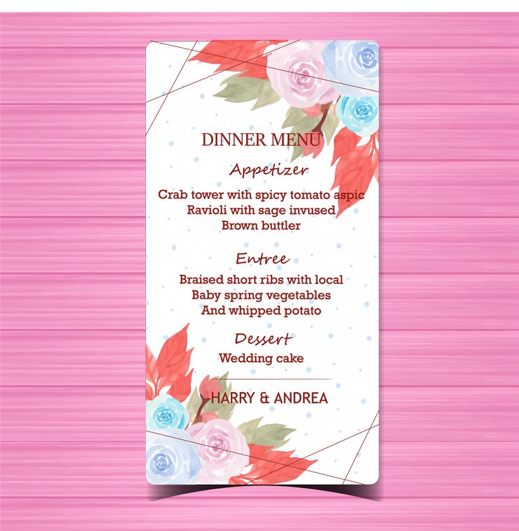 Vettore scheda del menu di nozze floreale con belle rose blu e rosa