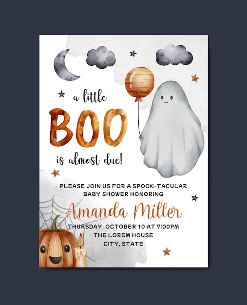 Scheda dell'invito di tema di halloween dell'acquerello dell'acquazzone di bambino