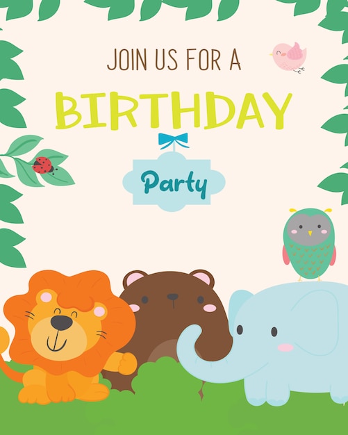 Scheda dell&#39;invito festa di compleanno tema animale carino