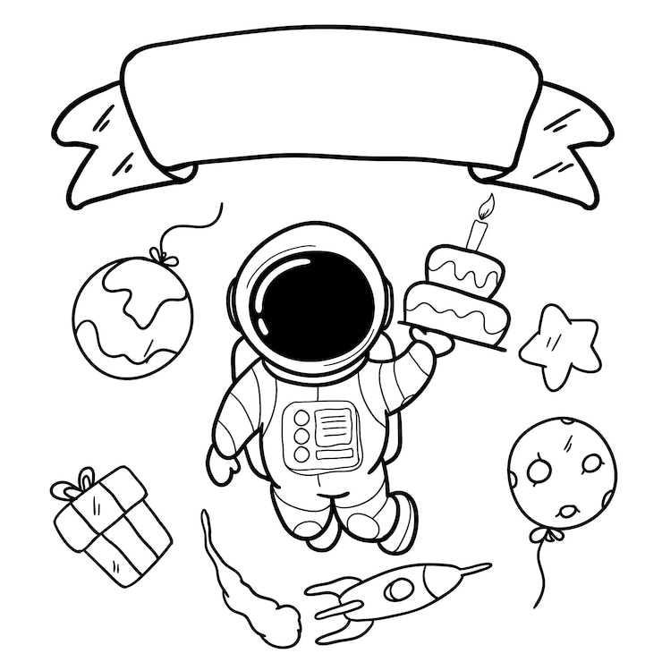 Vettore scheda di buon compleanno con la mano disegno astronauta e spazio