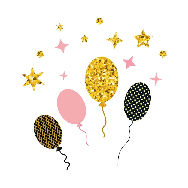 Scheda di buon compleanno con palloncini disegnati a mano doodle e glitter dorati Illustrazione vettoriale