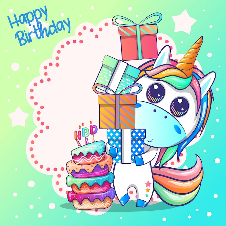 Vettore scheda di buon compleanno con unicorno carino