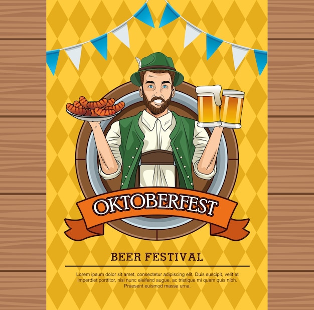 Scheda di celebrazione dell'Oktoberfest con uomo tedesco che solleva birre e salsicce