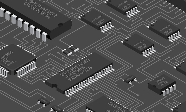 Scheda elettronica isometrica Scheda di circuito stampato isometrico con componenti elettronici Componenti elettronici e scheda di circuito integrato