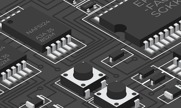 Scheda elettronica isometrica Scheda di circuito stampato isometrico con componenti elettronici Componenti elettronici e scheda di circuito integrato