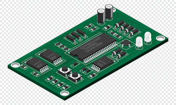 Vettore scheda elettronica isometrica scheda di circuito stampato isometrico con componenti elettronici componenti elettronici e scheda di circuito integrato