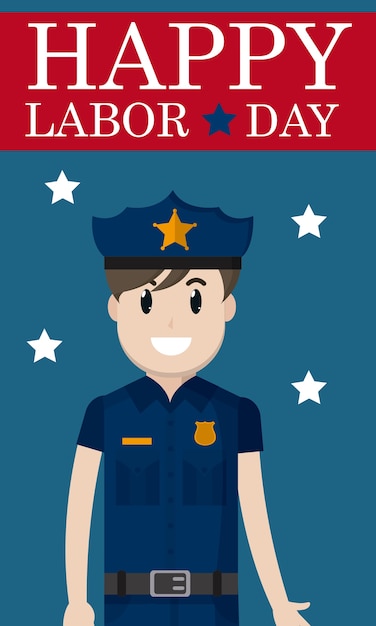 Scheda felice di festa del lavoro con il fumetto dell'ufficiale di polizia