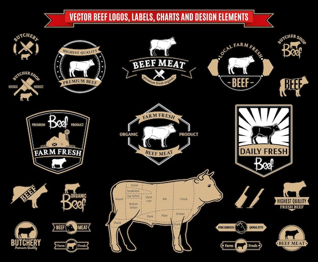 Schede e elementi di progettazione delle etichette del logo Vector beef