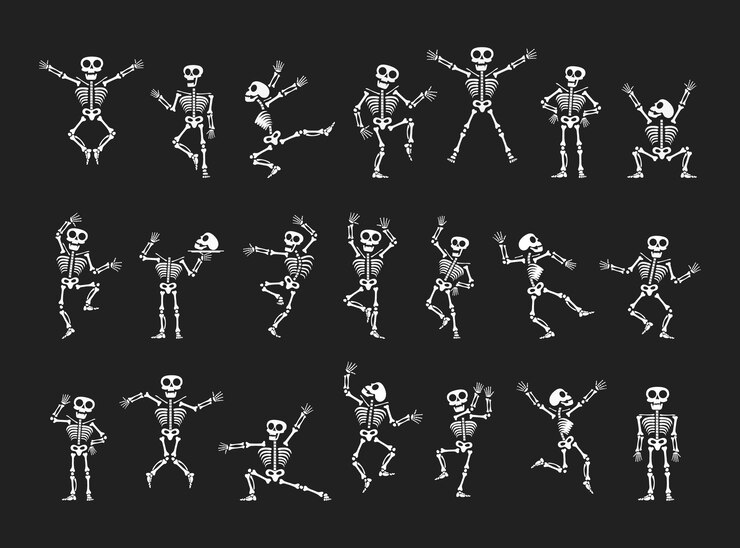 Vettore scheletri che ballano con diverse posizioni set di illustrazioni vettoriali con design in stile piatto