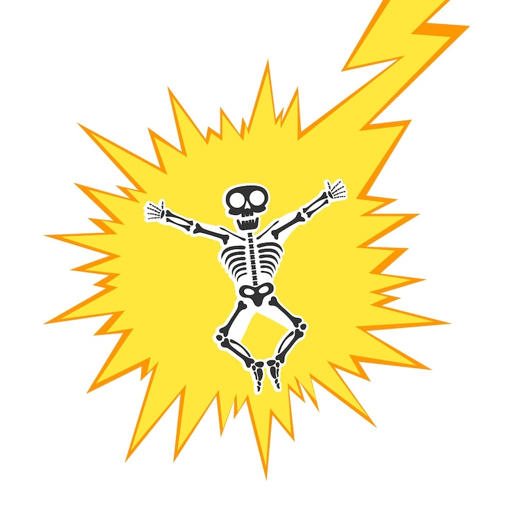 Vettore scheletro scosse elettriche ad alta tensione o illuminazione scosse elettrici cautela silhouette stile piatto