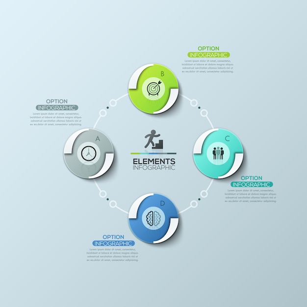 Schema circolare con 4 elementi rotondi uguali collegati da linee e caselle di testo, modello di progettazione infografica moderna