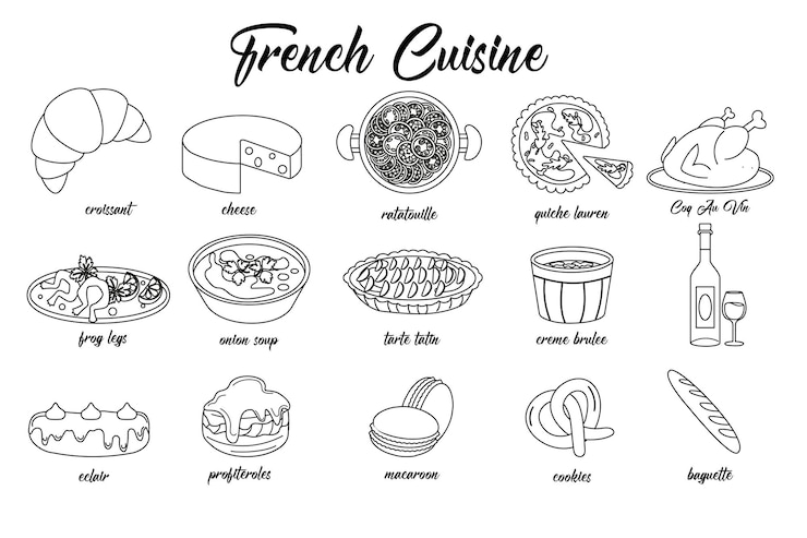 Vettore schema della collezione di cibi della cucina francese disegnati a mano