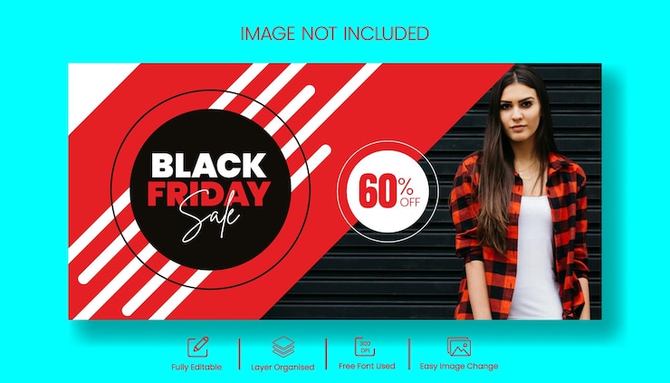 Vettore schema di copertina dell'evento di sconto per l'offerta di vendita orizzontale del commercio elettronico per il black friday