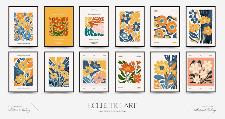 Vettore schema di manifesti floreali astratti stile minimalista matisse moderno di tendenza colori rosa e blu disegnati a mano