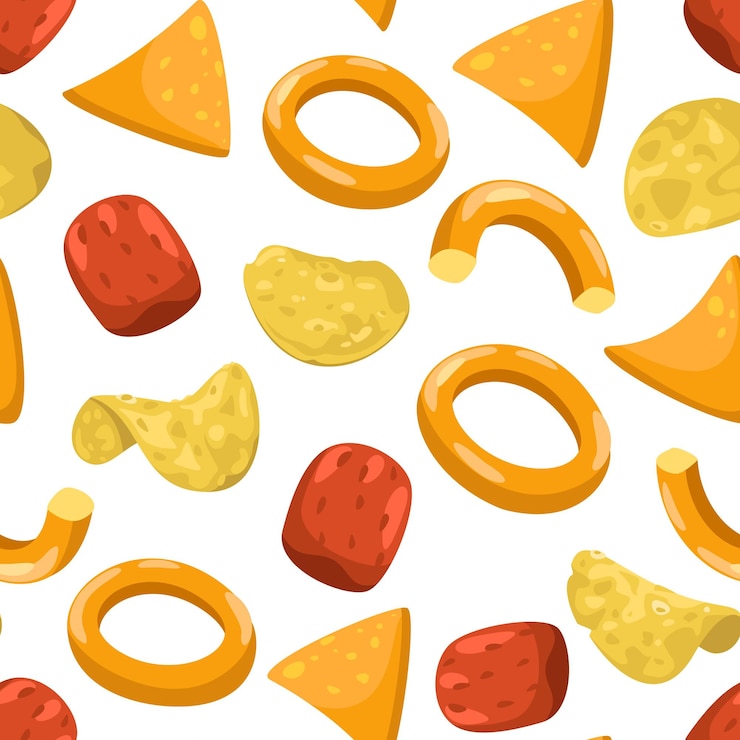 Vettore schema di patatine fritte stampa senza cuciture di croccanti croccanti snack salati fast food cibi fritti per la decorazione di una festa texture vettoriale