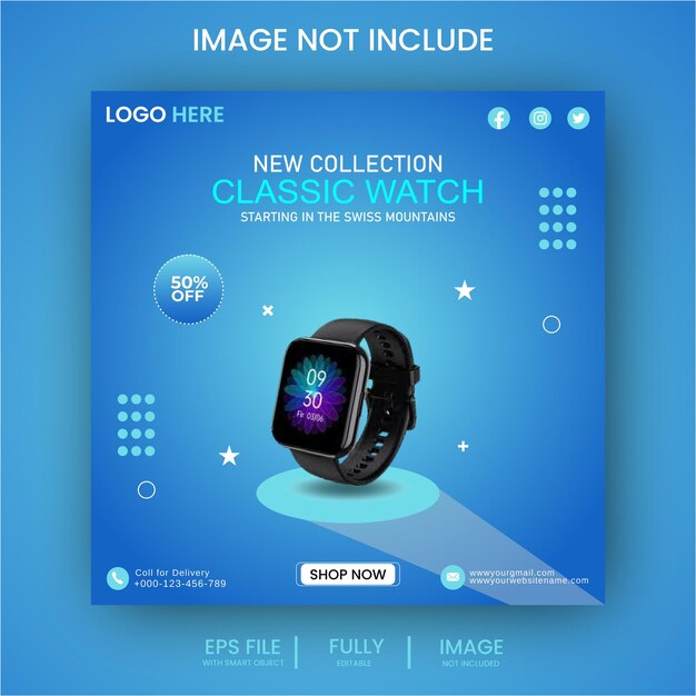 Schema di progettazione di banner per smartwatch e annunci sui social media