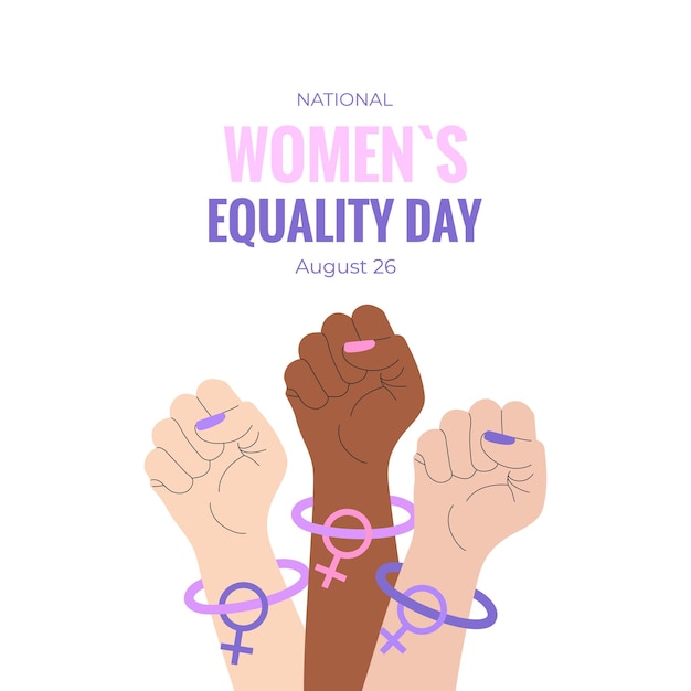 Schema di sfondo del poster della Giornata dell'uguaglianza femminile con segno e testo di Venere con il pugno alzato