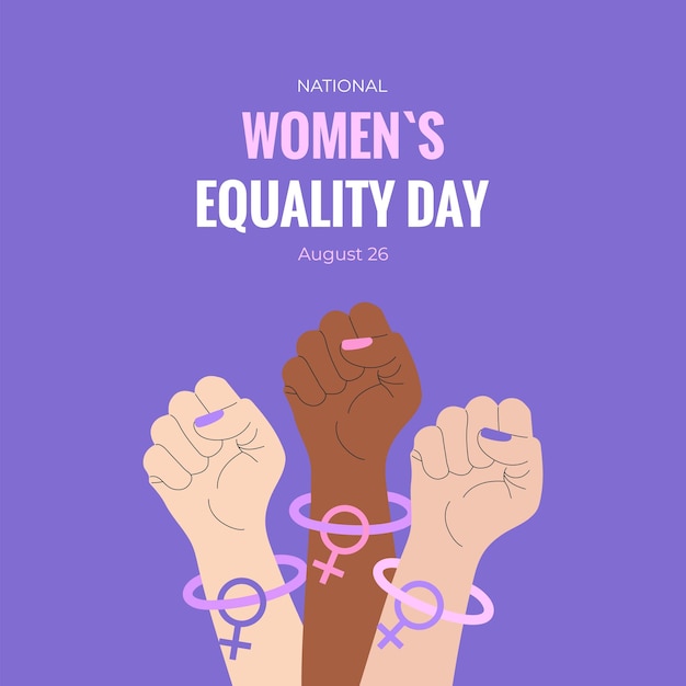Schema di sfondo del poster della Giornata dell'uguaglianza femminile con segno e testo di Venere con il pugno alzato