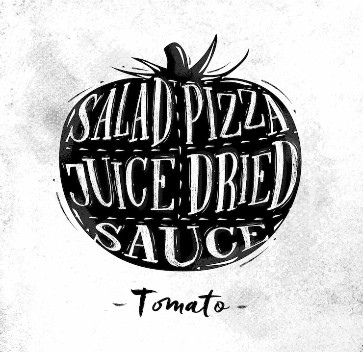 Vettore schema di taglio del pomodoro poster lettering insalata pizza succo salsa secca in stile vintage