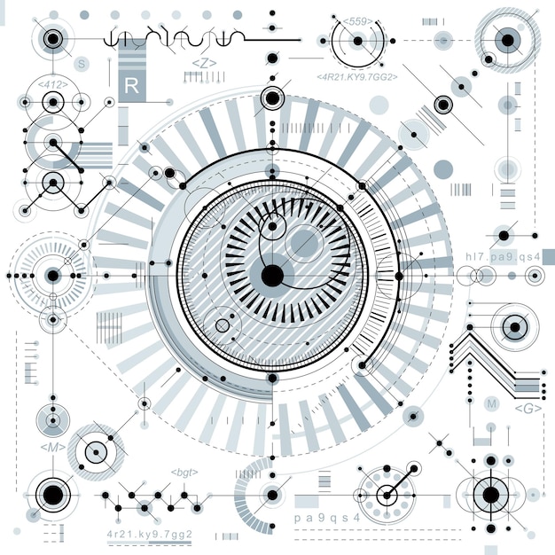 Schema meccanico, disegno tecnico vettoriale con parti geometriche del meccanismo. Il progetto industriale futuristico può essere utilizzato nel web design e come sfondo.