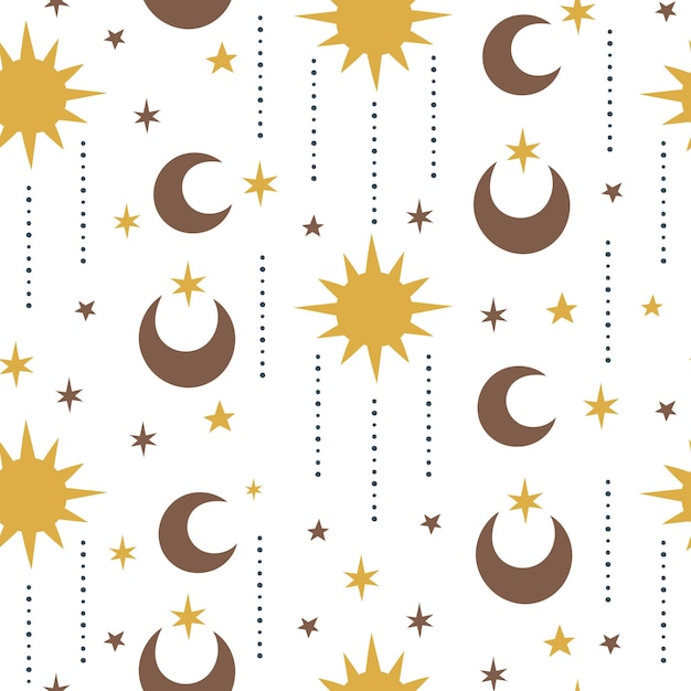 Schema spaziale senza soluzione di continuità con pianeti e stelle a mezzaluna solare su sfondo bianco