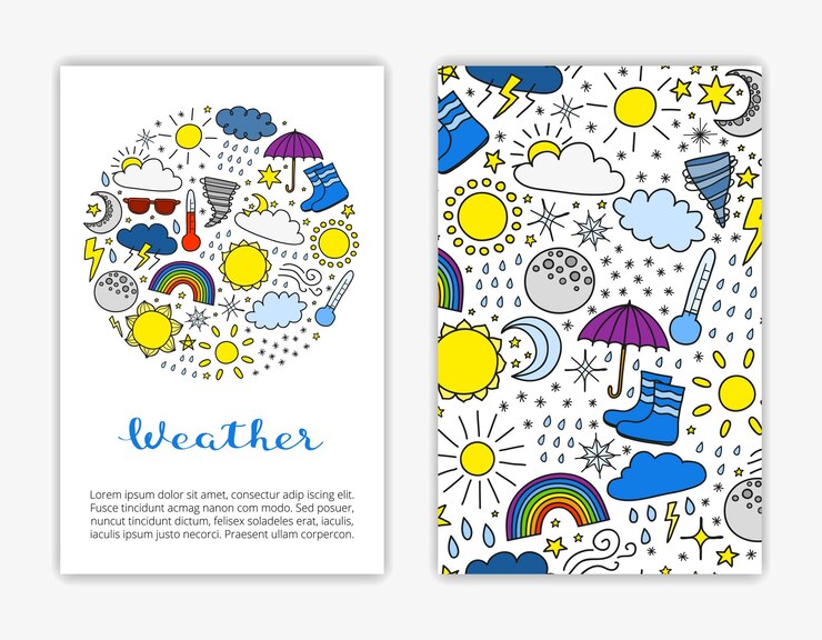 Vettore schemi di carte con oggetti meteo colorati scarabocchiati maschera di ritaglio usata