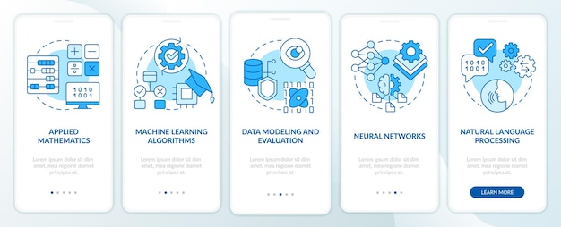 Schermata dell'app mobile di onboarding blu delle competenze dell'ingegnere dell'apprendimento automatico
