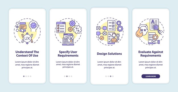 Schermata della pagina dell'app mobile del processo di lavoro incentrato sull'utente. Soluzioni progettuali guida 4 passaggi istruzioni grafiche con concetti. Modello vettoriale UI, UX, GUI con illustrazioni a colori lineari