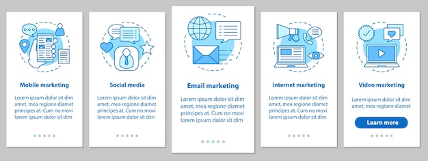 Schermata della pagina dell'app mobile di marketing onboarding con concetti lineari. Social media, mobile, e-mail, internet, pubblicità video. Annuncio mirato e contestuale. Illustrazione vettoriale di UX, UI, GUI