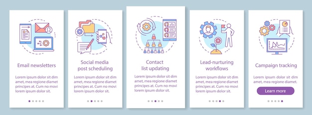 Schermata della pagina dell'app mobile di onboarding dell'automazione del marketing con concetti lineari. Piattaforme software passo passo istruzioni grafiche. Modello vettoriale UX, UI, GUI con illustrazioni