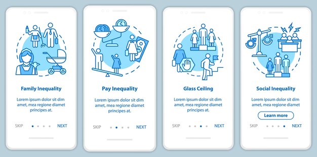 Schermata della pagina dell'app mobile di onboarding della disuguaglianza sessuale con concetti. Stereotipi di ruolo di genere e divario retributivo: istruzioni grafiche in 4 passaggi. Modello vettoriale dell'interfaccia utente con illustrazioni a colori RGB